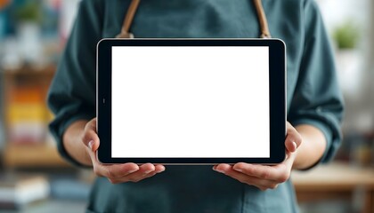 A woman presents a tablet with a blank screen, symbolizing the progress in online education and educational technology