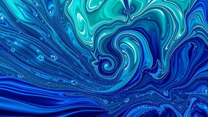 Abstract blue and teal liquid marble swirl with sparkling bubbles background image, perfect for modern designs