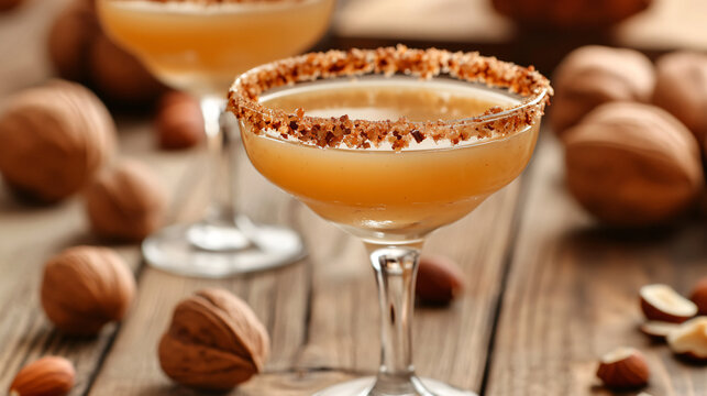 A hazelnut Mai Tai with orgeat syrup and a roasted hazelnut rim, served in a coupe glass.