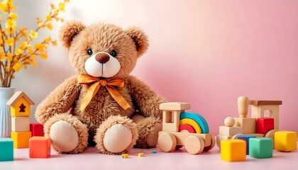 A friendly teddy bear alongside wooden blocks, embodying the spirit of creativity in preschool and kindergarten education