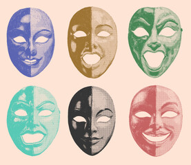 Venetian carnival, theatrical and halloween masks in 8bit + dithering effect. Editable color. Highly defined. Perfect for any creative project. 