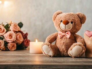 A cute Valentine's bear plush placed on a wooden table, with a warm glowing candle and a bouquet of roses in the background