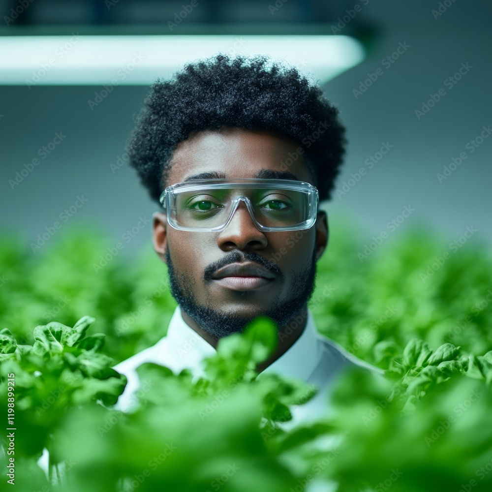 Aufkleber afro scientist in high-tech vertical farm monitoring indoor micro-green growth