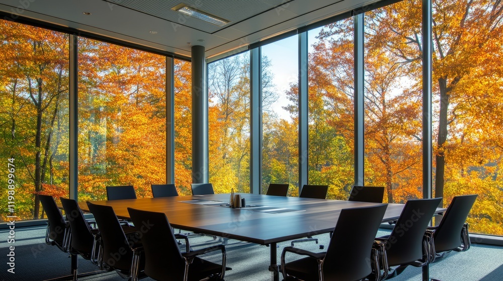 Poster conference room set for a session, large windows offering a serene view of autumn trees, creating a 