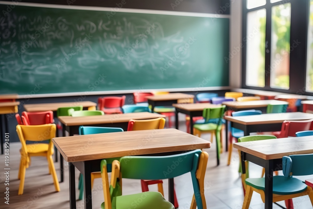 Poster a vibrant colorful classroom with desks and chairs, featuring a window, and light, with an empty int