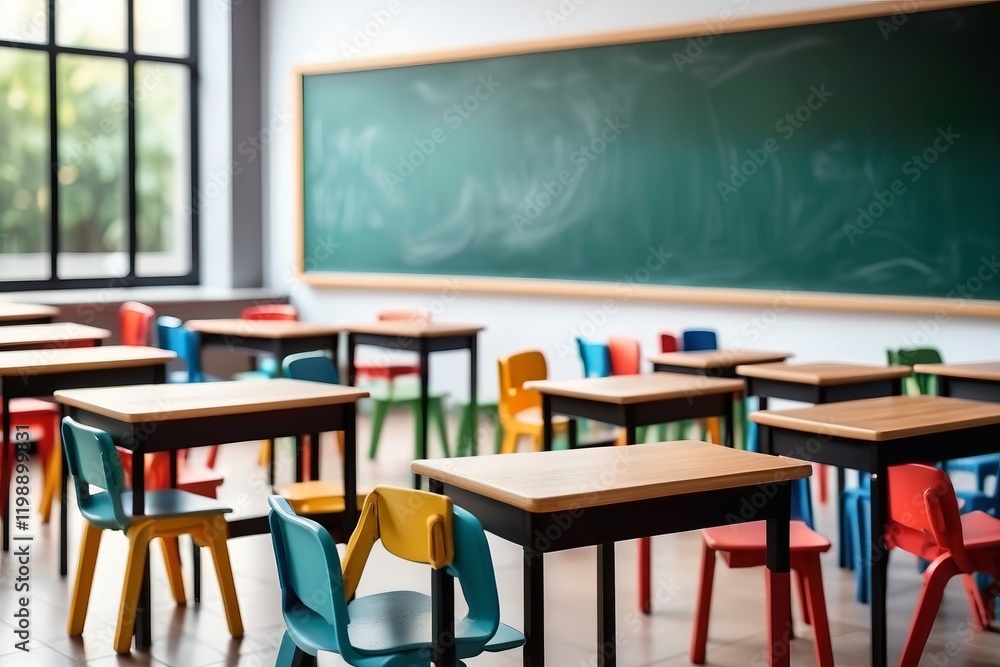 Poster a vibrant colorful classroom with desks and chairs, featuring a window, and light, with an empty int