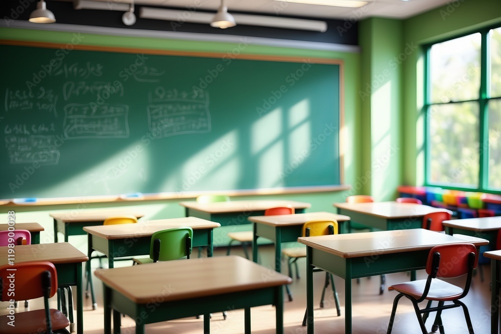 Poster an empty classroom with desks and chairs, featuring a window, and light troughs, with an empty inter