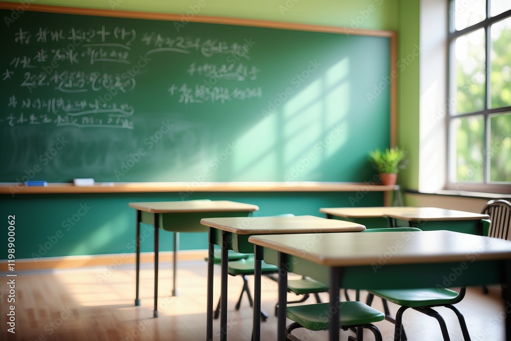 Poster an empty classroom with desks and chairs, featuring a window, and light troughs, with an empty inter