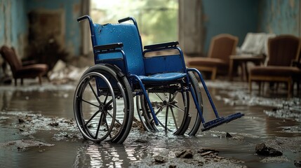 A blue wheelchair sits in a flooded room, with water covering the floor and walls
