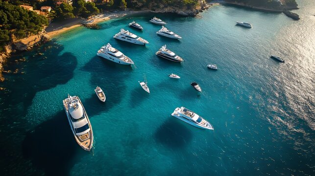 Majorca Panorama, beautiful seascape bay with luxury yachts at the coast of Santa Ponsa, Mallorca Mediterranean Sea, Balearic Islands.