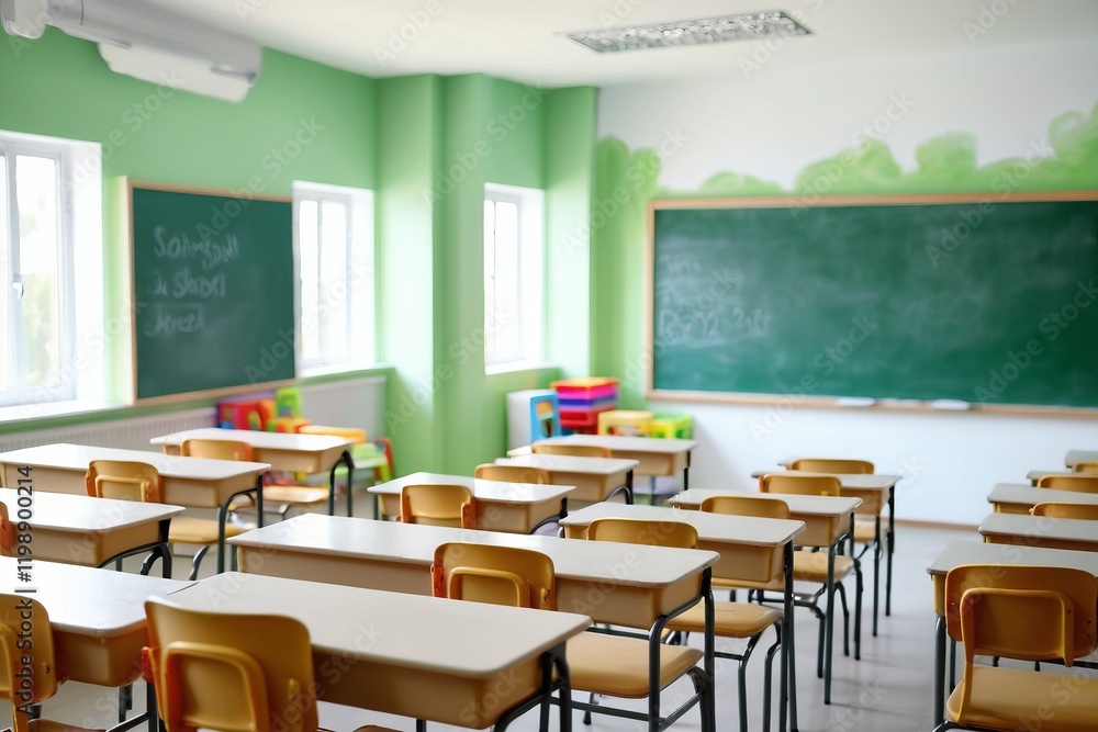 Poster an empty classroom with desks and chairs, featuring a window, and light troughs, with an empty inter