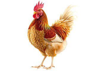 Fototapeta premium A vibrant illustration of a rooster with a fiery orange and red plumage, a proud stance, and a bright red comb.