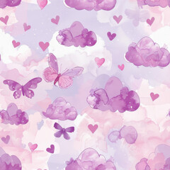 Naklejka premium Gentle clouds and butterflies in soft pink and lavender hues create dreamy atmosphere