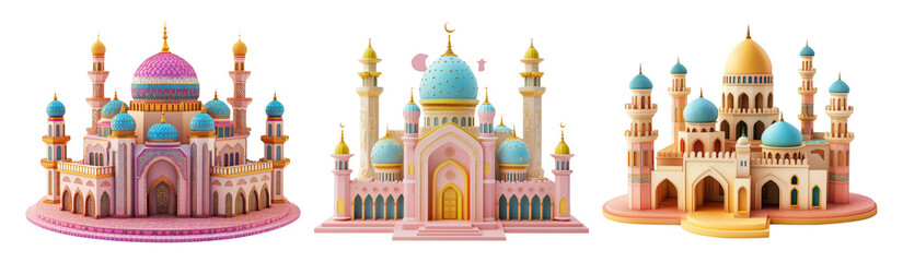 Colorful Collection of Fantasy Palaces Isolated on Transparent Background