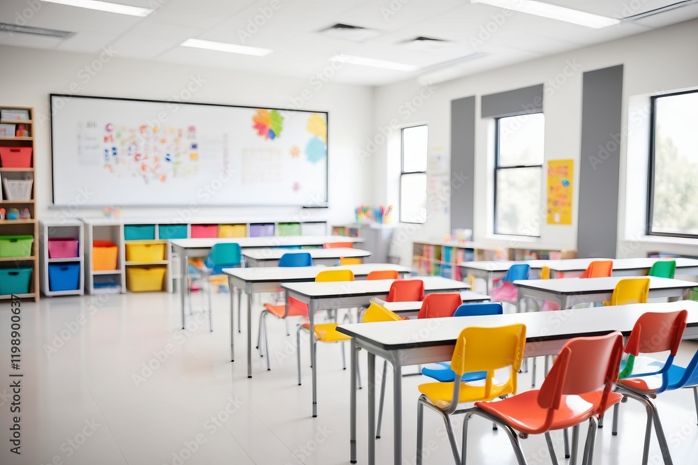 Poster a vibrant colorful classroom with desks and chairs, featuring a window, and light, with an empty int