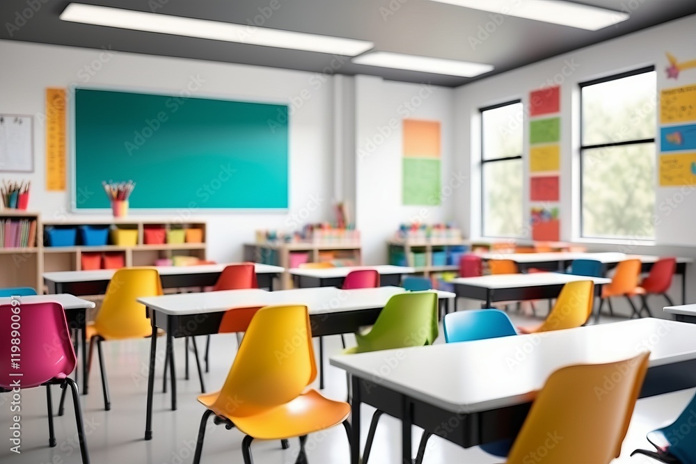 Poster a vibrant colorful classroom with desks and chairs, featuring a window, and light, with an empty int