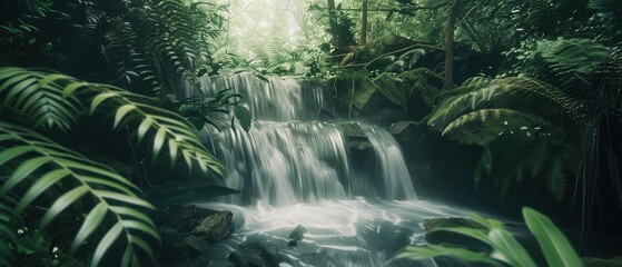 Tranquil Waterfall in a Lush Tropical Rainforest Scene