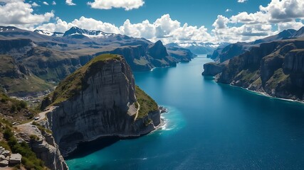 Fototapeta premium A breathtaking panoramic view of a fjord surrounded by majestic mountains, showcasing a scenic coastal road winding through rugged cliffs under a vibrant blue sky.