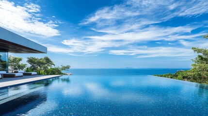 Captivating swimming pool with crystal clear blue water reflecting the sky and water lines