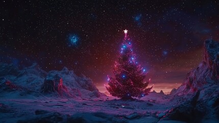 Fototapeta premium Festive Alien Landscape Illuminated Christmas Tree on a Starry Night Futuristic Winter Scene