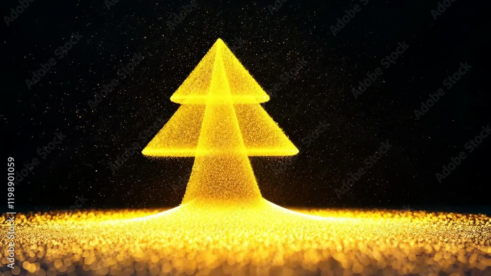 Poster glowing abstract christmas tree of golden particles against dark background creating festive magical