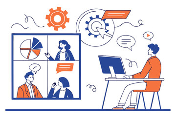 Virtual meeting, online conference, diverse team, video call interface, business presentation, pie chart, speech bubbles, flat design, blue and orange color scheme, remote work, digital collaboration,