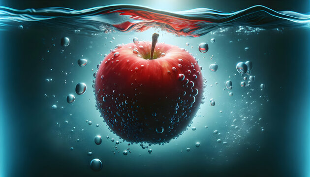 Fruit A vibrant red apple floating in clear water, with visible water droplets on its surface and gentle r2