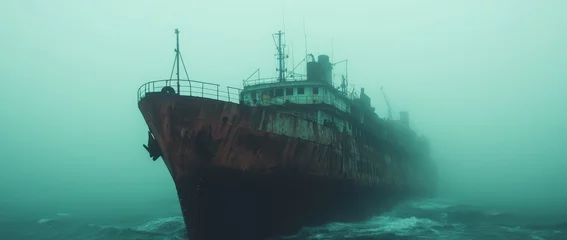  Rusty abandoned ship emerges from thick fog near coastal waters during a gloomy day © Vladimir