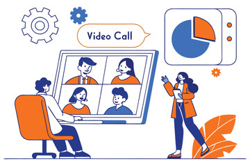 Virtual meeting, online conference, diverse team, video call interface, business presentation, pie chart, speech bubbles, flat design, blue and orange color scheme, remote work, digital collaboration,