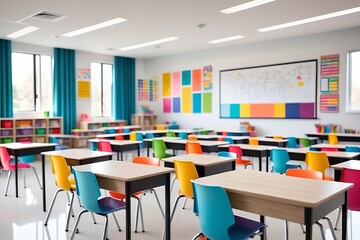 A classroom with desks and chairs, featuring a window, and light, with an empty interior designed for education and meetings, showing a clean, organized floor and furniture