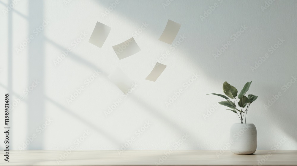 Fototapete minimalist office design with floating notes and ergonomic setup