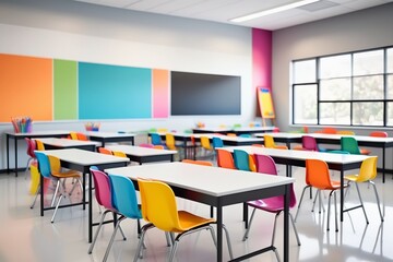 A classroom with desks and chairs, featuring a window, and light, with an empty interior designed for education and meetings, showing a clean, organized floor and furniture