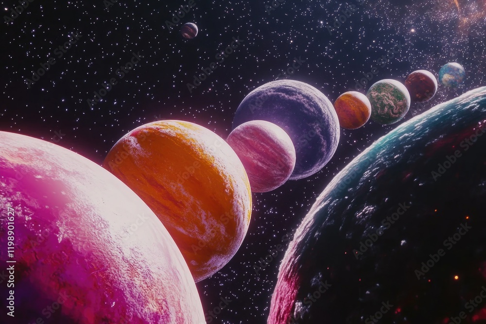 Poster a group of planets orbiting a bright star, suitable for use as an astronomy or space-related backgro