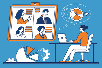 Virtual meeting, online conference, diverse team, video call interface, business presentation, pie chart, speech bubbles, flat design, blue and orange color scheme, remote work, digital collaboration,