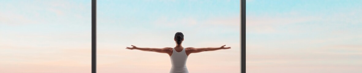Obraz premium Serenity at Sunset Woman Stretching by Office Windows