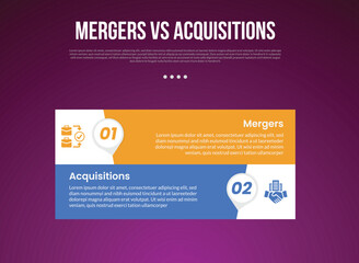 business mergers vs acquisitions infographic for comparison data with big rectangle shape stack with modern dark gradient style background with 2 point information