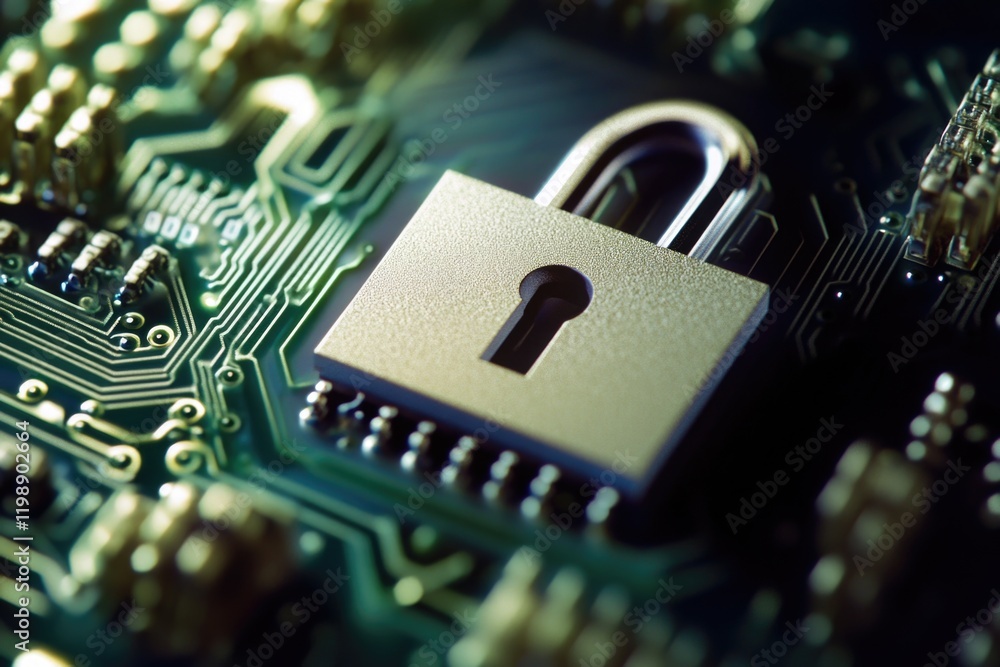 Poster a close-up view of a padlock secured onto a circuit board, ideal for technology and security related