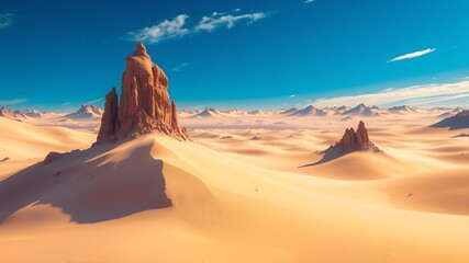 Naklejka premium Majestic sandstone formations rise from the golden sands of a vast desert landscape under a brilliant blue sky, creating a breathtaking natural scene.