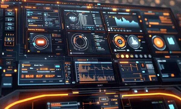 Futuristic digital dashboard interface displaying analytics and data visualization in a tech environment
