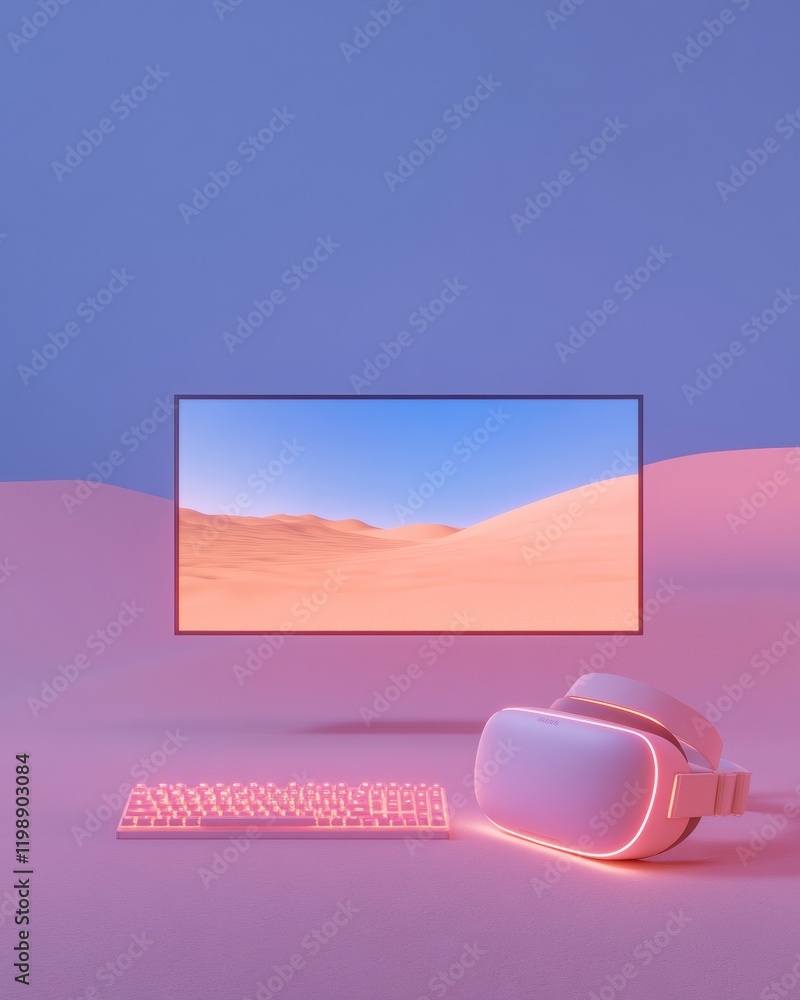 Poster futuristic gaming setup with vr headset and curved monitor in neon light