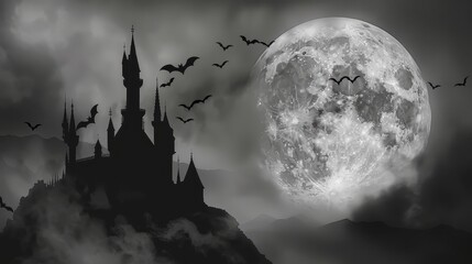 Spooky black castle and bats in front of gray full moon for classic Halloween vibes