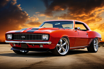 Classic Chevy Camaro parked on an open road at sunset with stunning clouds in the background