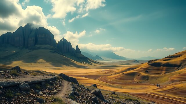 Majestic mountain range and rolling hills landscape in the golden hour, featuring hikers on a scenic trail, perfect for travel and adventure stock photography.