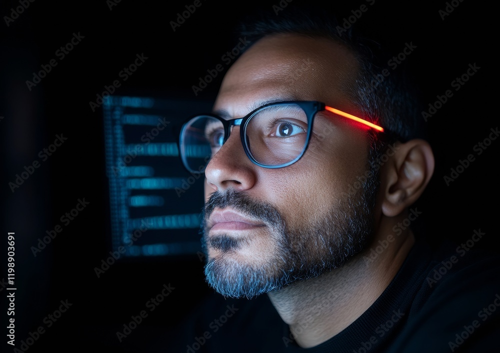 Aufkleber focused male software developer in dark setting with glowing glasses, reflecting modern tech environ
