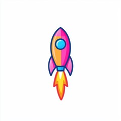 Colorful Cartoon Rocket Blasting Off with Fire and Sleek Design