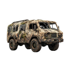 Abandoned Military Van: A weathered, camouflage-painted military van, showing signs of abandonment and decay, sits against a clean background. The vehicle displays signs of age and neglect.