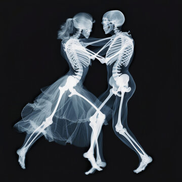 Dancing couple in skeletal form embraces the beauty of movement and art in an imaginative representation