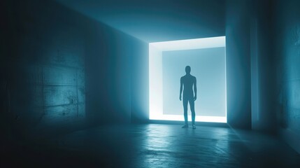 Mystical Cube Structure with Silhouetted Figure Under Soft Glowing Light