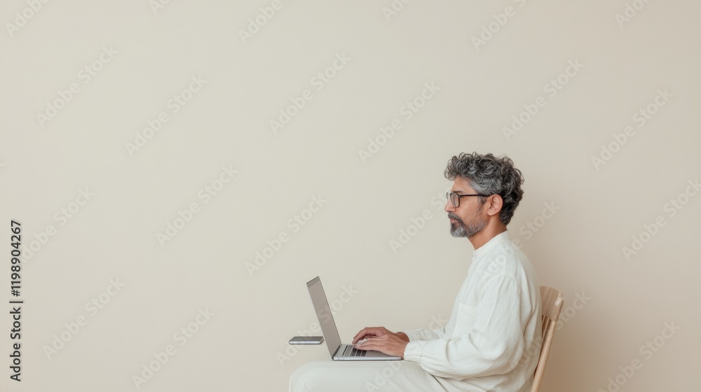 Poster Modern Workspace Indian Man in Minimalist Setting with Laptop and Smartphone