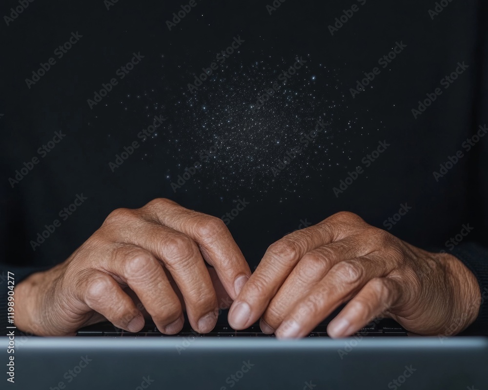 Poster minimalist close-up of hands typing on laptop with digital portal interface